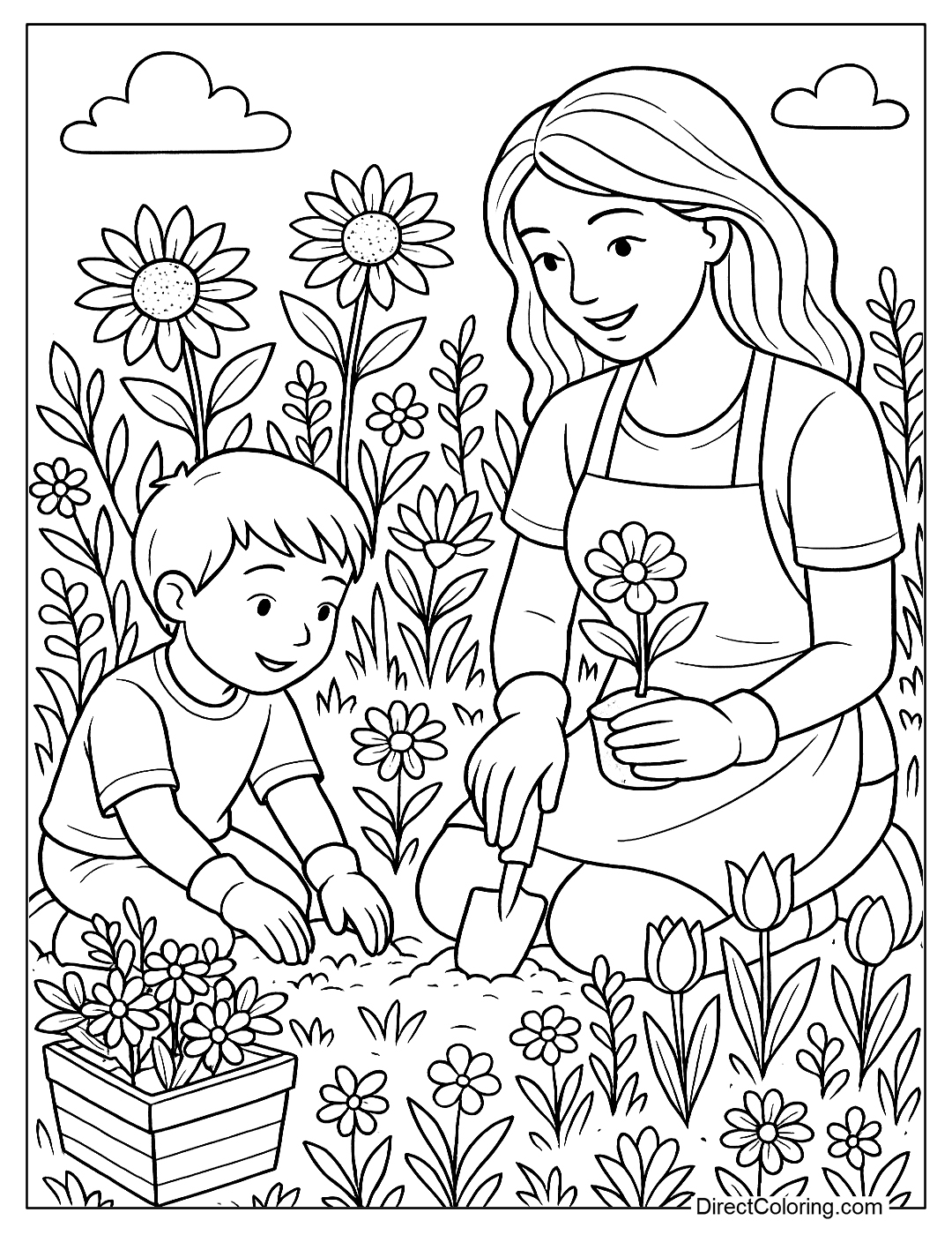 coloring page of a mother and son planting flowers together in a small, bright garden